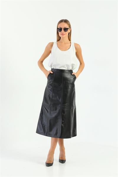 Basics And More Basics&More Women Evaze Long Black Leather Skirt - SK05