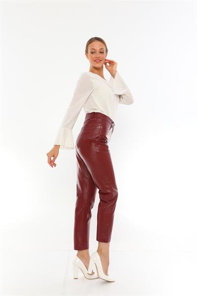 Basics And More Basics&More Women Five-Pocket Burgundy Leather Trousers - P02