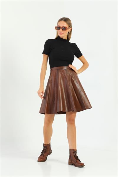 Basics And More Basics&More Women Flared Chestnut Leather Skirt - SK03