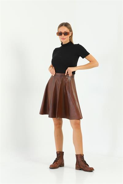basics and more Basics&More Women Flared Chestnut Leather Skirt - SK03