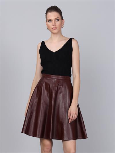 basics and more Basics&More Women Flared Plum Leather Skirt - SK03