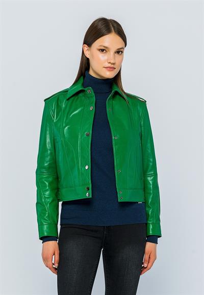 Basics And More Basics&More Women Green Leather Jacket With Quilted Buttons - KENDALL