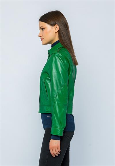Basics And More Basics&More Women Green Leather Jacket With Quilted Buttons - KENDALL