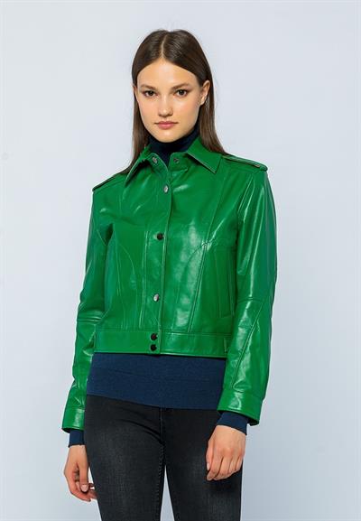 basics and more Basics&More Women Green Leather Jacket with Quilted Buttons - KENDALL