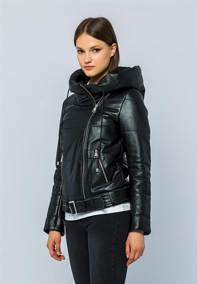 Basics And More Basics&More Women Hooded Inflatable Black Leather Jacket - ELLE