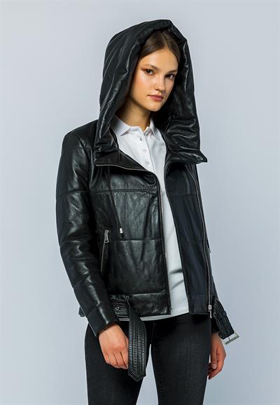 Basics And More Basics&More Women Hooded Inflatable Black Leather Jacket - ELLE