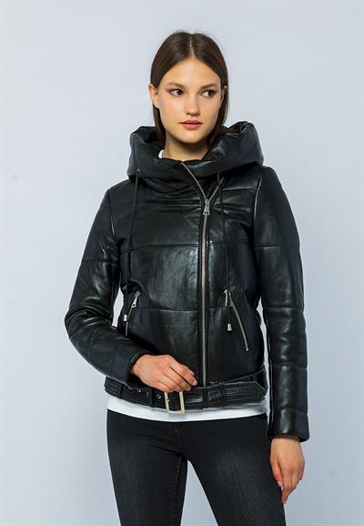 basics and more Basics&More Women Hooded Inflatable Black Leather Jacket - ELLE