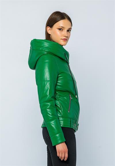 Basics And More Basics&More Women Hooded Inflatable Green Leather Jacket - ELLE