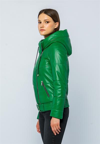 Basics And More Basics&More Women Hooded Inflatable Green Leather Jacket - ELLE