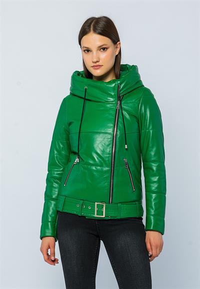 Basics And More Basics&More Women Hooded Inflatable Green Leather Jacket - ELLE