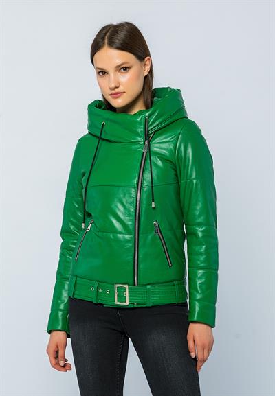 basics and more Basics&More Women Hooded Inflatable Green Leather Jacket - ELLE