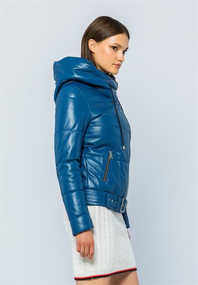 Basics And More Basics&More Women Hooded Inflatable Light Blue Leather Jacket - ELLE
