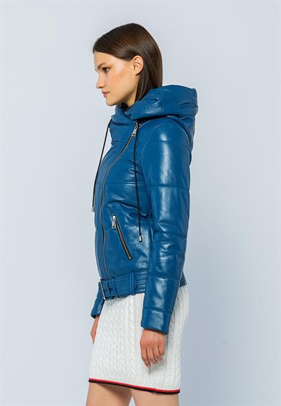 Basics And More Basics&More Women Hooded Inflatable Light Blue Leather Jacket - ELLE