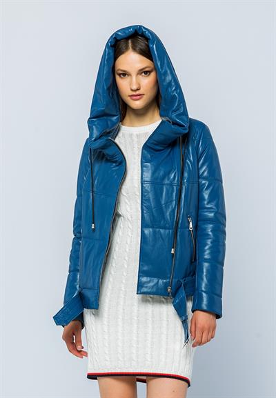Basics And More Basics&More Women Hooded Inflatable Light Blue Leather Jacket - ELLE