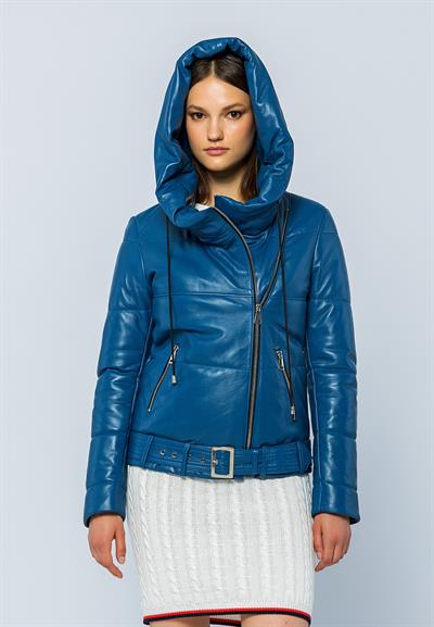 basics and more Basics&More Women Hooded Inflatable Light Blue Leather Jacket - ELLE