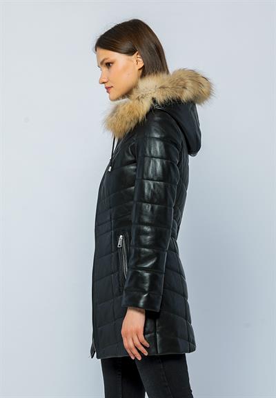 Basics And More Basics&More Women Inflatable Fur Hooded Black Leather Jacket - BDR020K