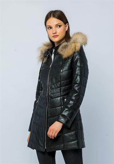 Basics And More Basics&More Women Inflatable Fur Hooded Black Leather Jacket - BDR020K