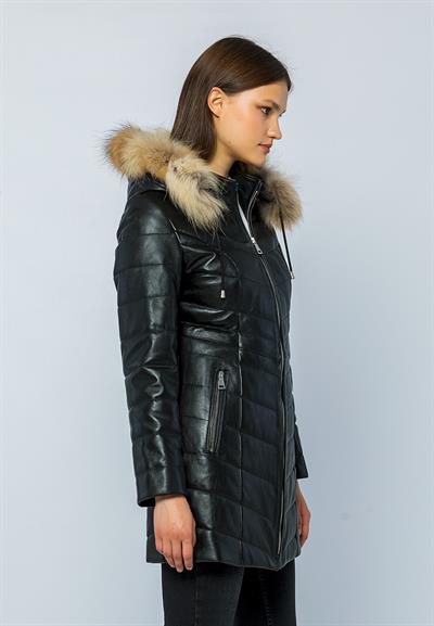 Basics And More Basics&More Women Inflatable Fur Hooded Black Leather Jacket - BDR020K