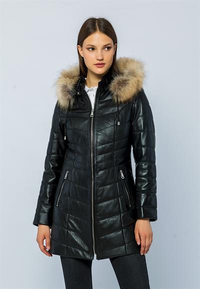 basics and more Basics&More Women Inflatable Fur Hooded Black Leather Jacket - BDR020K