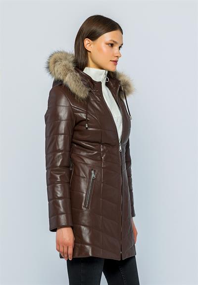 Basics And More Basics&More Women Inflatable Fur Hooded Tea Leather Jacket - BDR020K