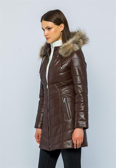 Basics And More Basics&More Women Inflatable Fur Hooded Tea Leather Jacket - BDR020K