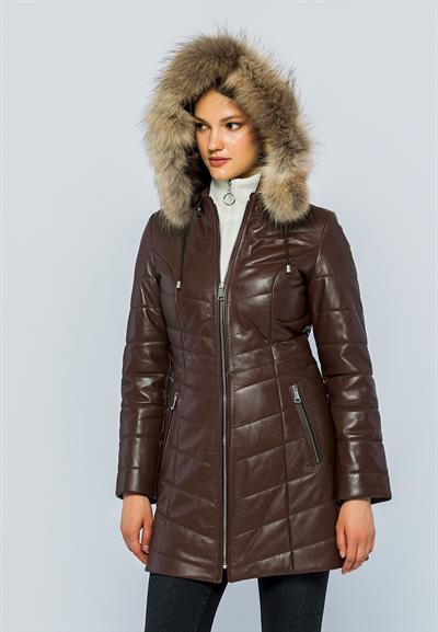 Basics And More Basics&More Women Inflatable Fur Hooded Tea Leather Jacket - BDR020K