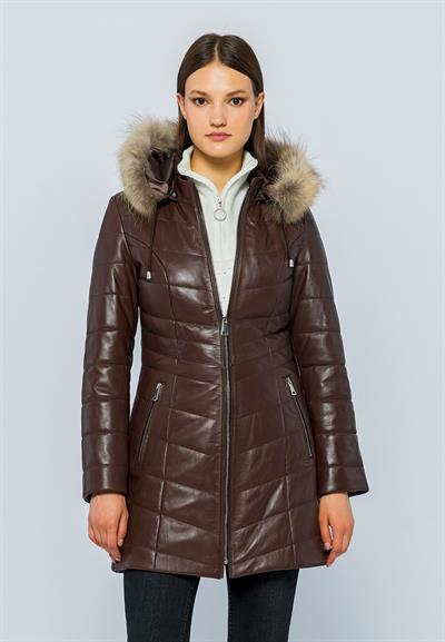 basics and more Basics&More Women Inflatable Fur Hooded Tea Leather Jacket - BDR020K