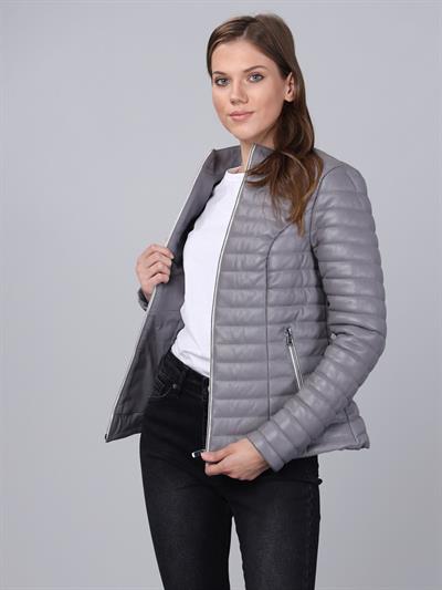 Basics And More Basics&More Women Inflatable Grey Leather Jacket - IA90