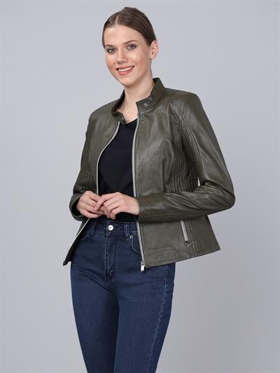 Basics And More Basics&More Women Khaki Leather Jacket - B49