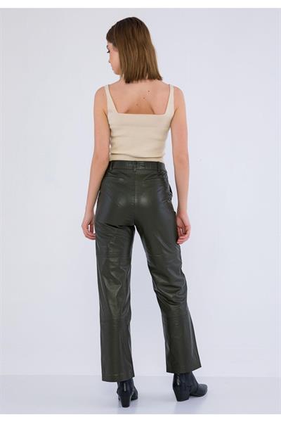 Basics And More Basics&More Women Khaki Leather Trousers With Side Pockets - P03
