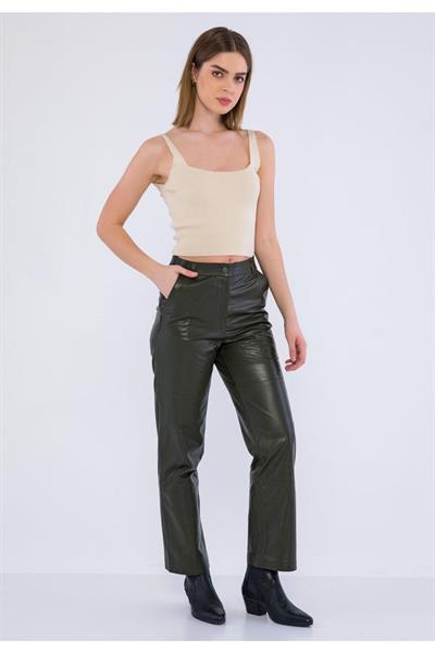 Basics And More Basics&More Women Khaki Leather Trousers With Side Pockets - P03