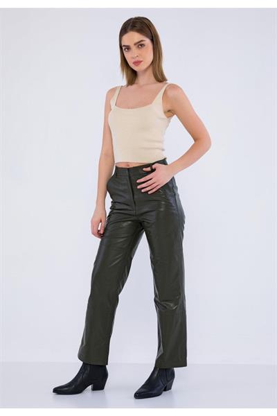 Basics And More Basics&More Women Khaki Leather Trousers With Side Pockets - P03