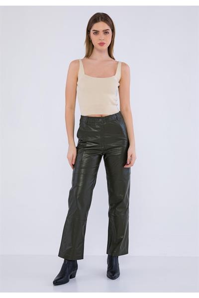 basics and more Basics&More Women Khaki Leather Trousers with Side Pockets - P03