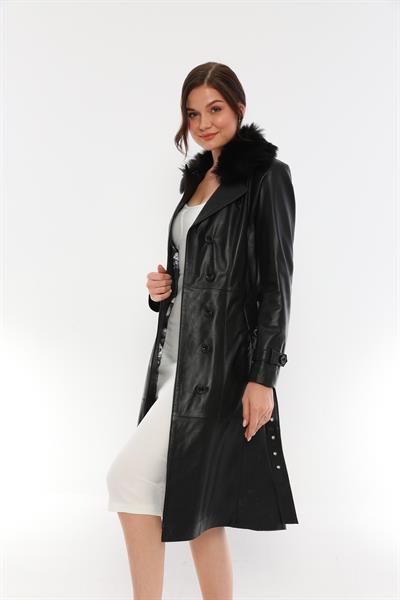 Basics And More Basics&More Women Long Black Leather Jacket With Fur Collar Belt - Kbrenda