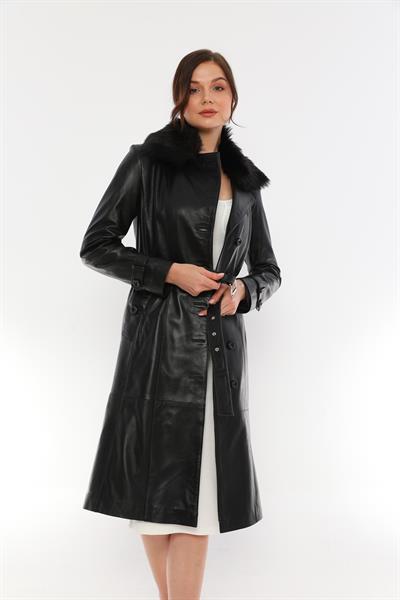 Basics And More Basics&More Women Long Black Leather Jacket With Fur Collar Belt - Kbrenda