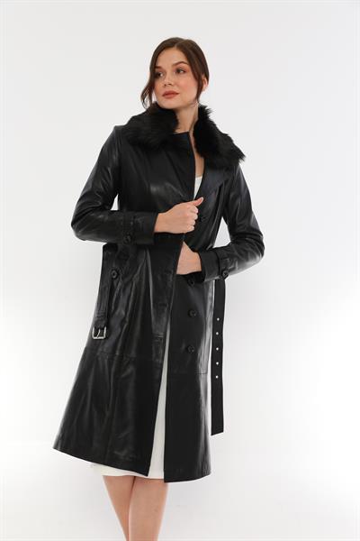 Basics And More Basics&More Women Long Black Leather Jacket With Fur Collar Belt - Kbrenda