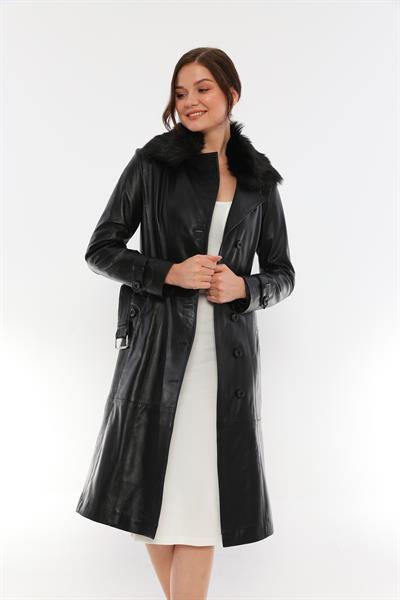 basics and more Basics&More Women Long Black Leather Jacket with Fur Collar Belt - Kbrenda