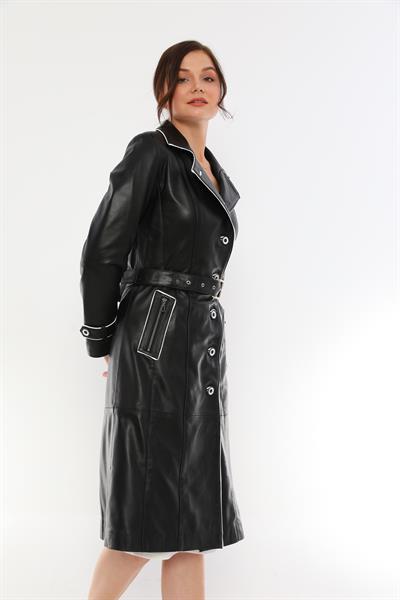 Basics And More Basics&More Women Long Black Leather Jacket With White Bias Belt - BrendaB