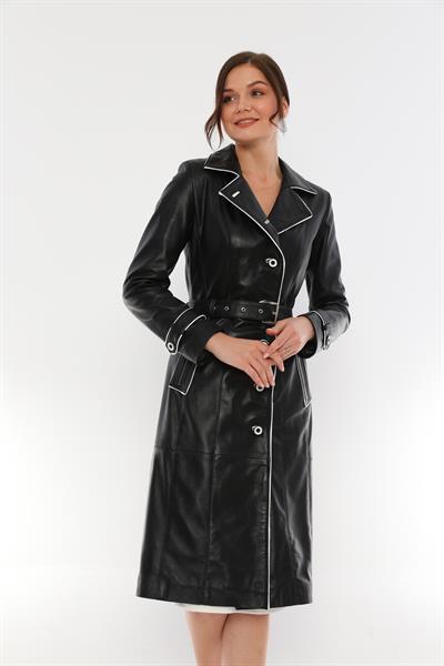 basics and more Basics&More Women Long Black Leather Jacket with White Bias Belt - BrendaB