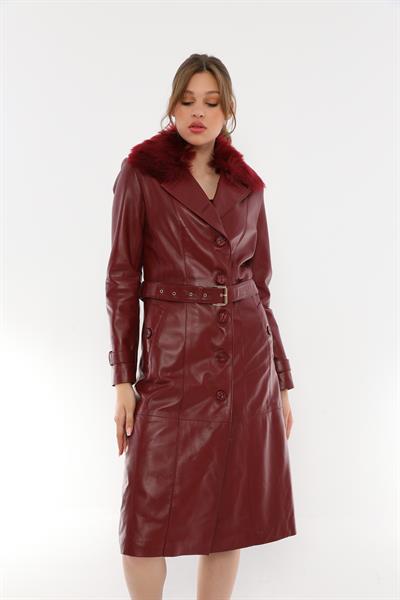 Basics And More Basics&More Women Long Burgundy Leather Jacket With Fur Collar Belt - Kbrenda