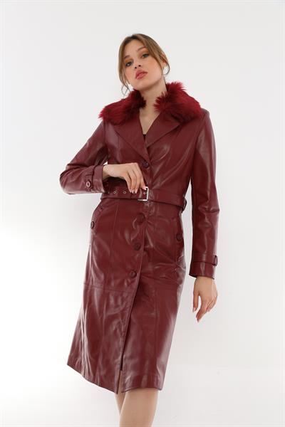 Basics And More Basics&More Women Long Burgundy Leather Jacket With Fur Collar Belt - Kbrenda