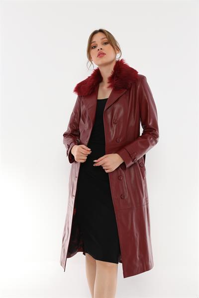 Basics And More Basics&More Women Long Burgundy Leather Jacket With Fur Collar Belt - Kbrenda