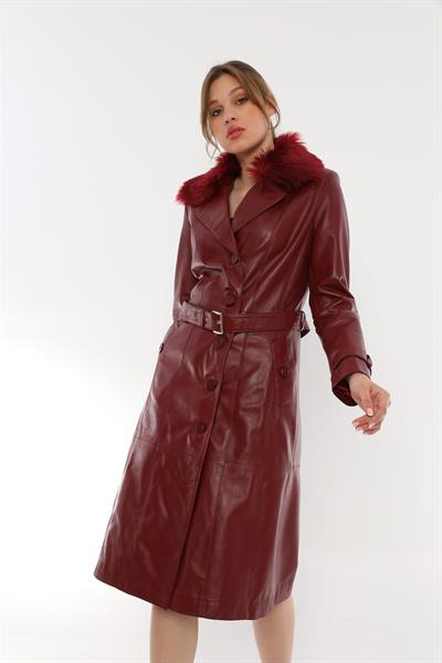 basics and more Basics&More Women Long Burgundy Leather Jacket with Fur Collar Belt - Kbrenda