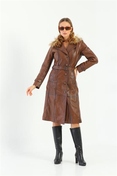 Basics And More Basics&More Women Long Chestnut Leather Jacket With Fur Collar Belt - Kbrenda