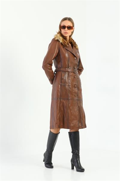 Basics And More Basics&More Women Long Chestnut Leather Jacket With Fur Collar Belt - Kbrenda