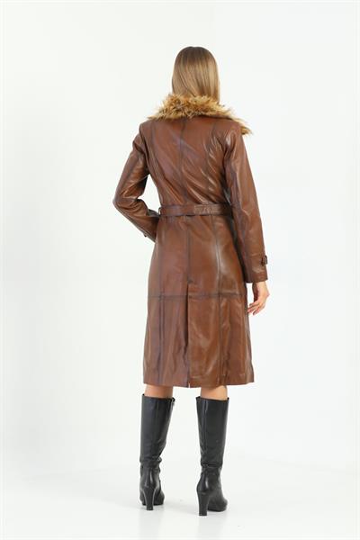 Basics And More Basics&More Women Long Chestnut Leather Jacket With Fur Collar Belt - Kbrenda