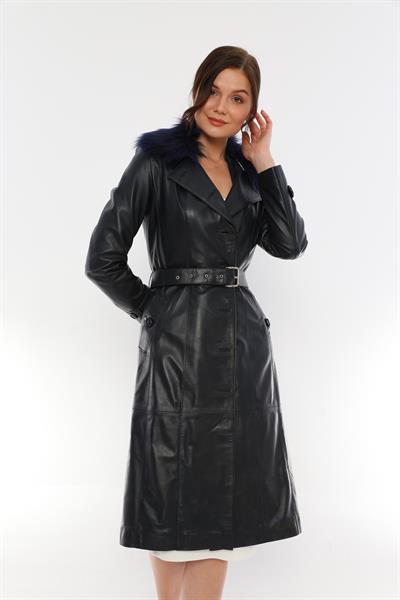 Basics And More Basics&More Women Long Dark Navy Blue Leather Jacket With Fur Collar - Kbrenda
