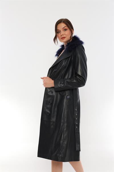 Basics And More Basics&More Women Long Dark Navy Blue Leather Jacket With Fur Collar - Kbrenda