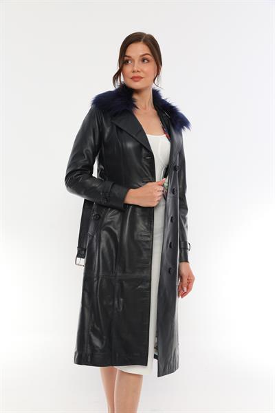 Basics And More Basics&More Women Long Dark Navy Blue Leather Jacket With Fur Collar - Kbrenda