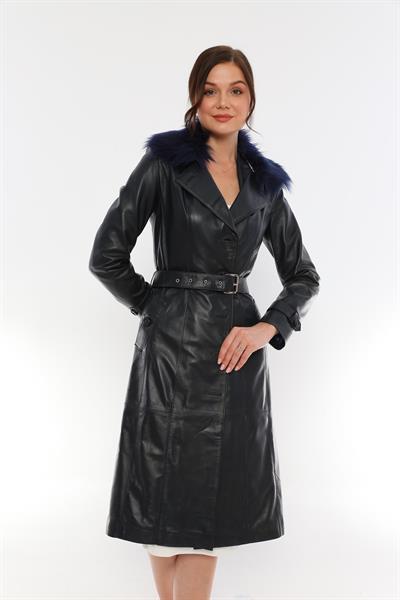 basics and more Basics&More Women Long Dark Navy Blue Leather Jacket with Fur Collar - Kbrenda